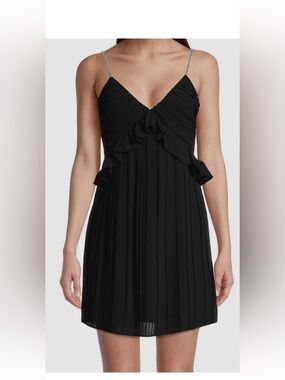 Michael Kors Black Pleated Ruffle V-Neck Mini Dress with Chain Straps